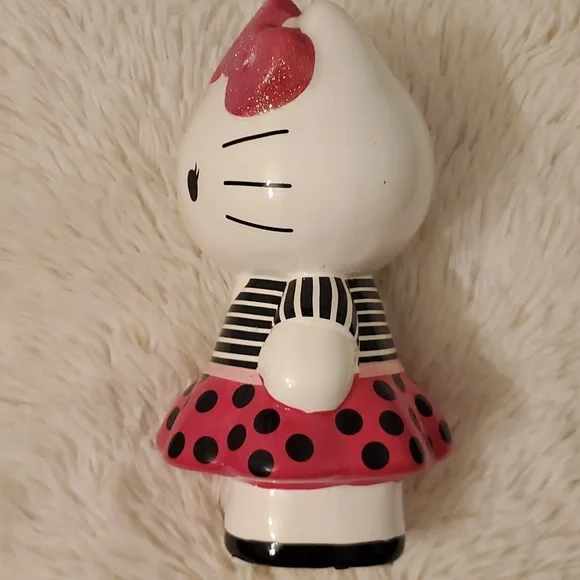 Hello Kitty Ceramic Coin Bank 8" Tall. Pink Polka Dot Skirt, Striped Blouse - Picture 4 of 10